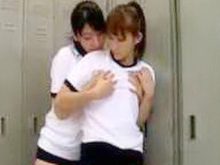 Japanese schoolgirls' nipples and pussies get intimate in locker room nipple and pussy play.